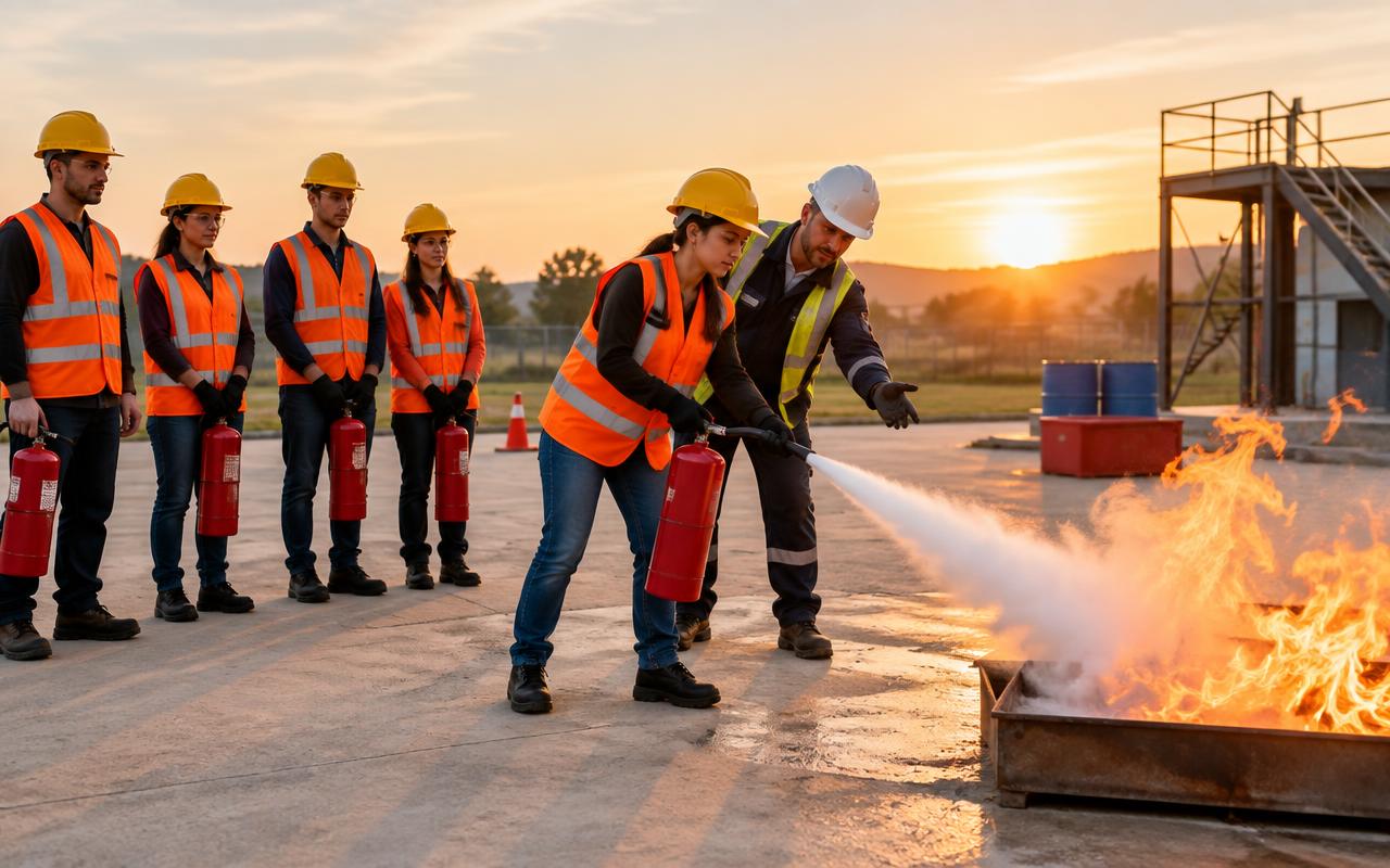 Fire and safety trainees at an outdoor drill for R.S. Technical Institute